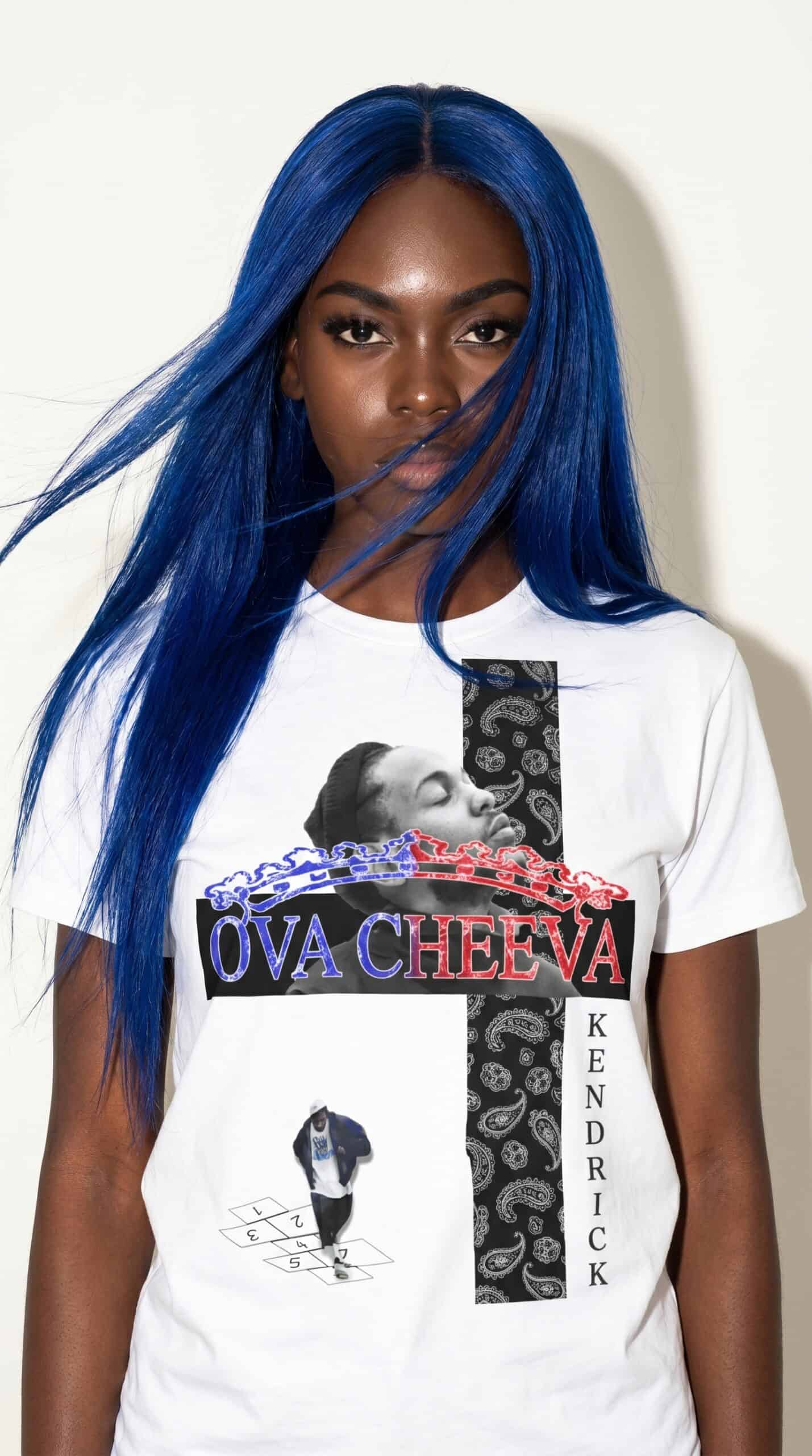 Bold woman with vibrant blue hair wearing a graphic T-shirt, showcasing urban fashion style.