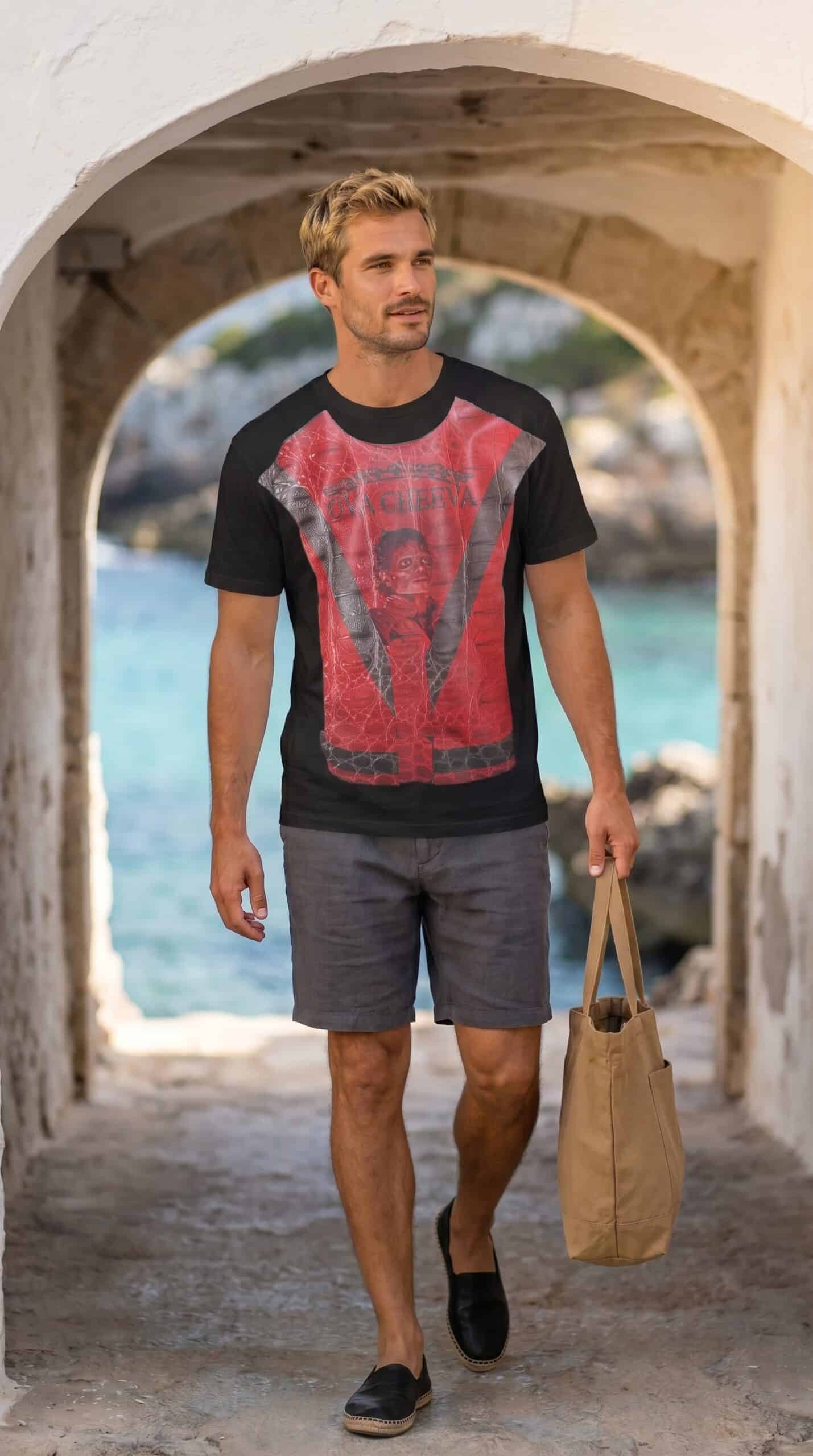 Casual man walking through an archway near the water, wearing a graphic T-shirt and shorts.