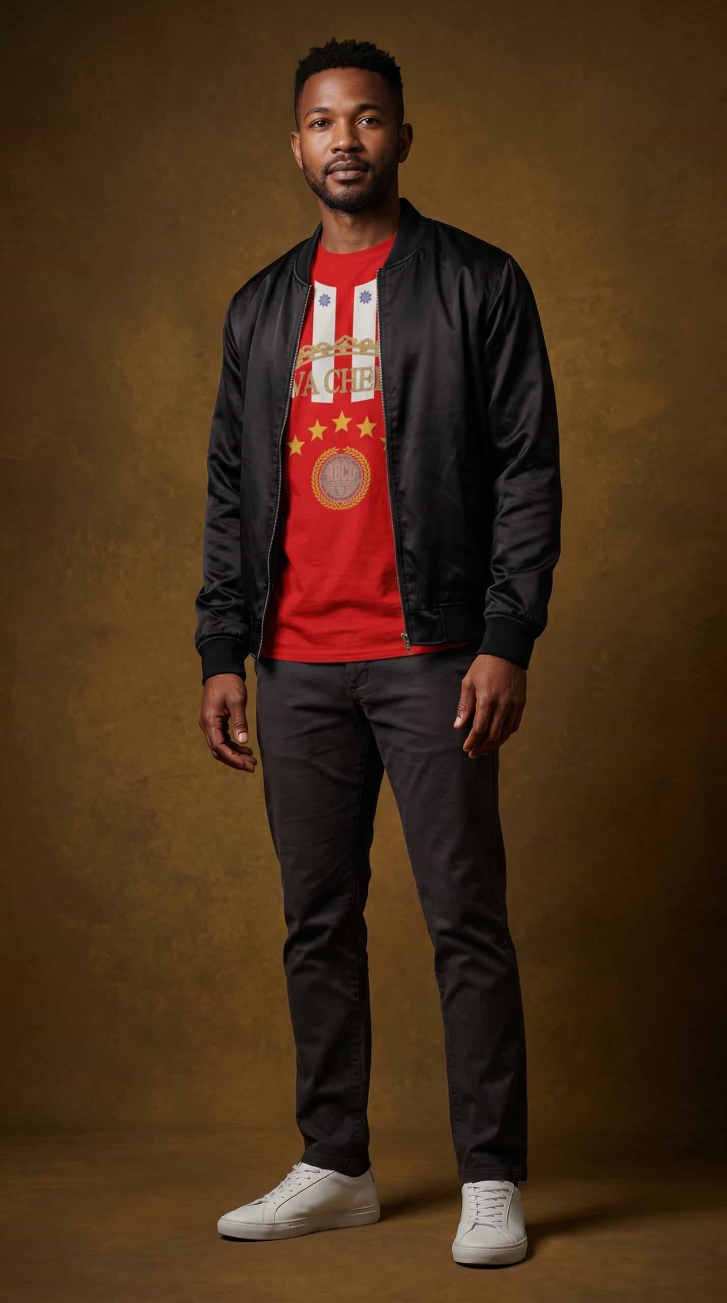 Young man wearing a red sports jersey and black bomber jacket, standing confidently against a brown.