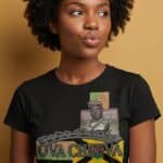 A woman with natural curly hair wearing a black T-shirt featuring a graphic design of Ova Cheva and.