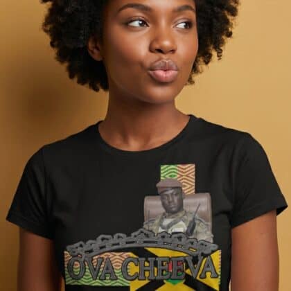 A woman with natural curly hair wearing a black T-shirt featuring a graphic design of Ova Cheva and.