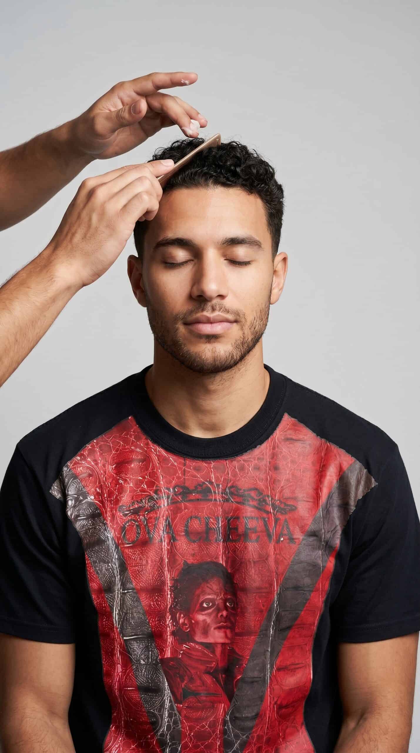 A man getting a haircut with a barber's hand holding scissors and comb.