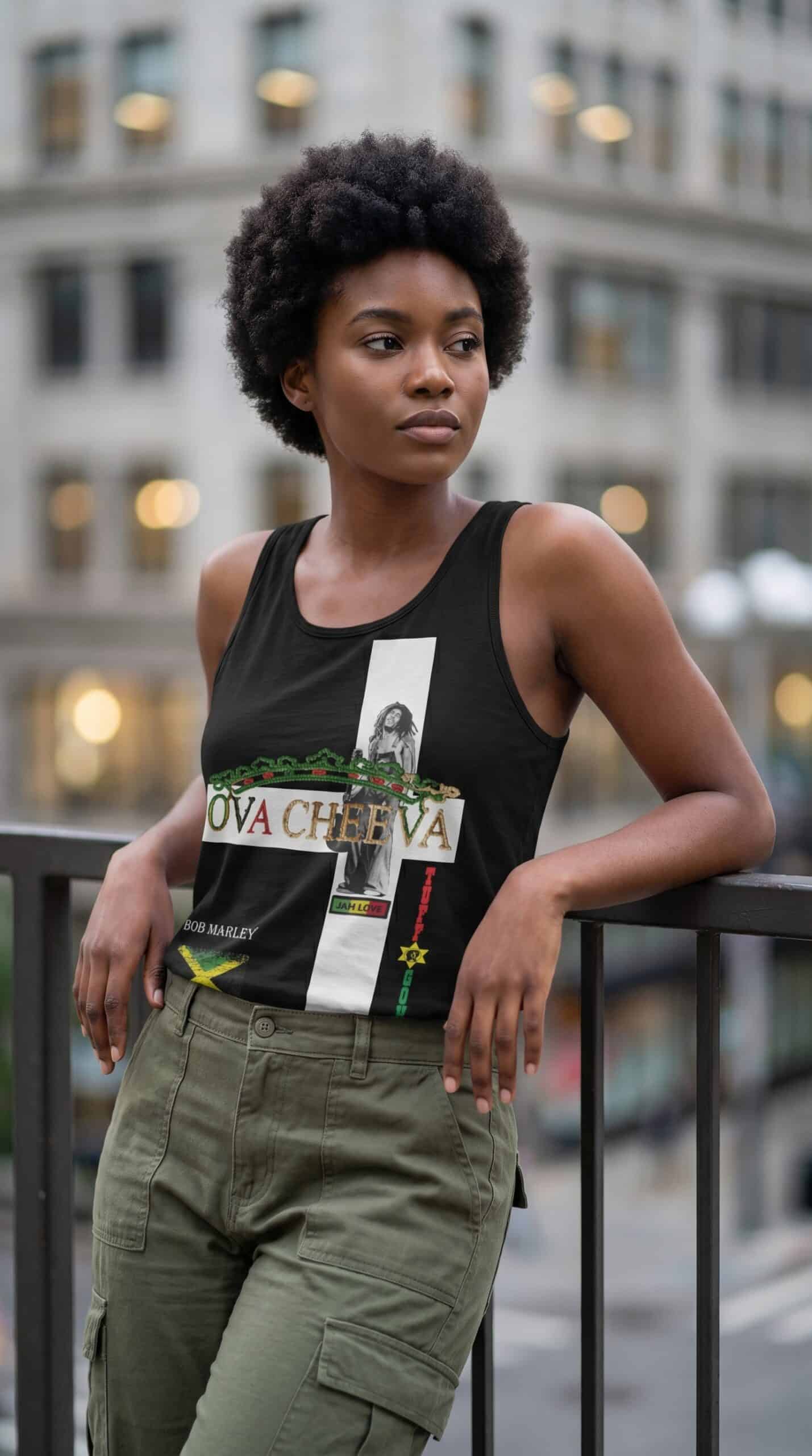 Bold young woman with natural afro hairstyle wearing a graphic tank top and cargo pants, urban citys.