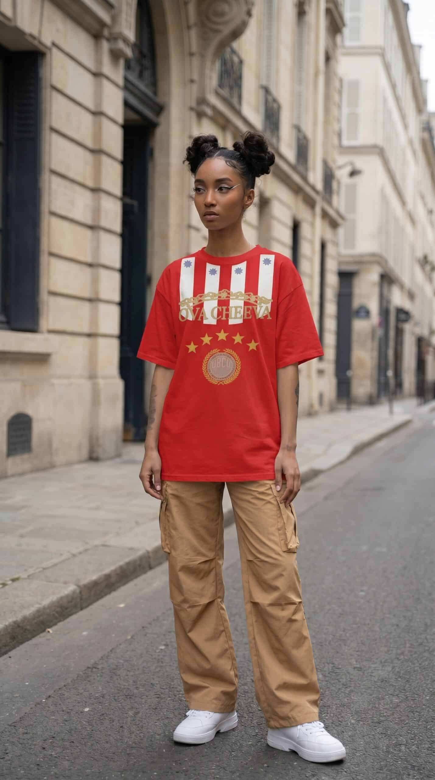 A woman standing on a city street wearing a red urban graphic t-shirt and beige cargo pants.