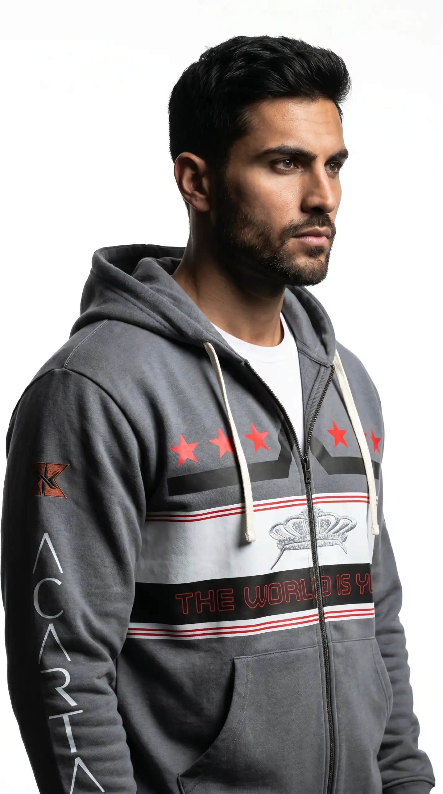 A man wearing a stylish gray hoodie with red and black graphic design, representing urban culture.