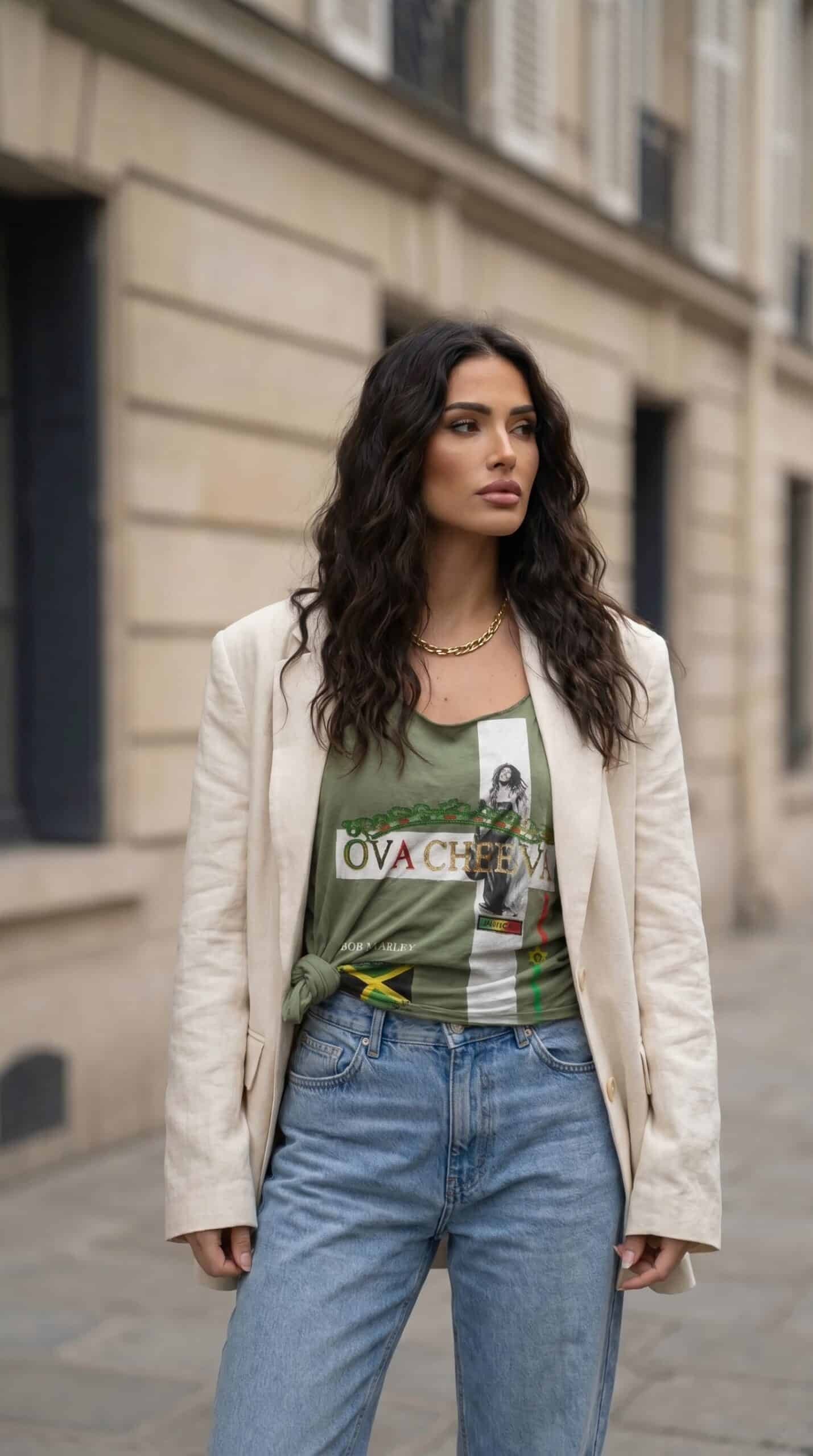 A woman with long wavy hair wearing a graphic t-shirt, beige blazer, and jeans, standing on an urban.