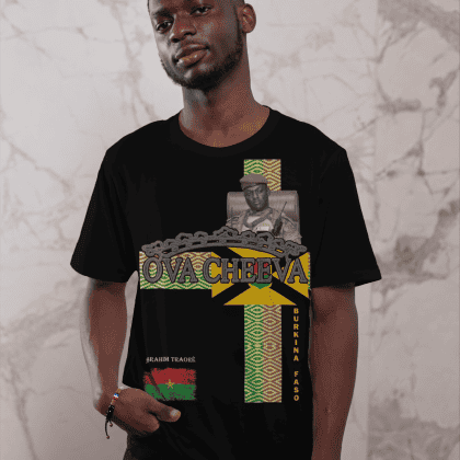 Man wearing black graphic T-shirt with "OVA CHEEVA" and Burkina Faso design.