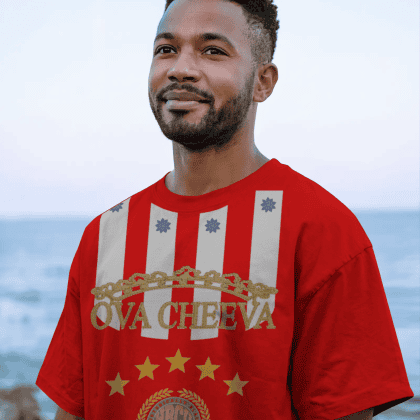 A man with short hair and a beard stands by the ocean wearing the OVA CHEEVA Men's Softstyle Midweight Cotton HBCU T-Shirt, featuring bold gold text, white vertical stripes, stars, and an HBCCO laurel wreath emblem.
