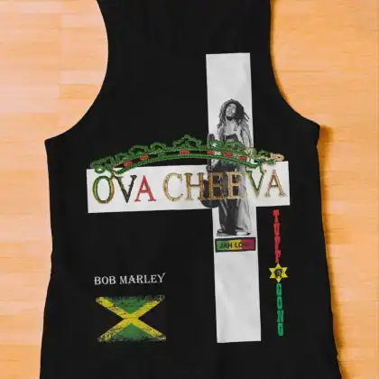 The OVA CHEEVA Women's Light Weight Tank Top features Bob Marley, the Jamaican flag, and reggae-inspired text—OVACHEEVA, BOB MARLEY, JAH LOVE, TUFF GONG—in colorful cross heart designs on a black background.