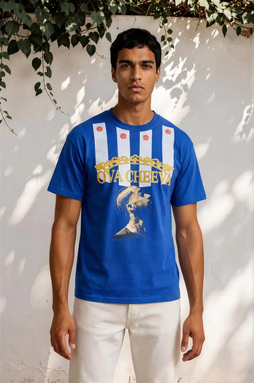 A man with a neutral expression stands by a white wall with green vines, wearing the OVA CHEEVA Men’s Nipsey Hussle Graphic T-Shirt—blue with white stripes, red stars, a gold crown, and “OVA CHEEVA” text plus a crowned figure.