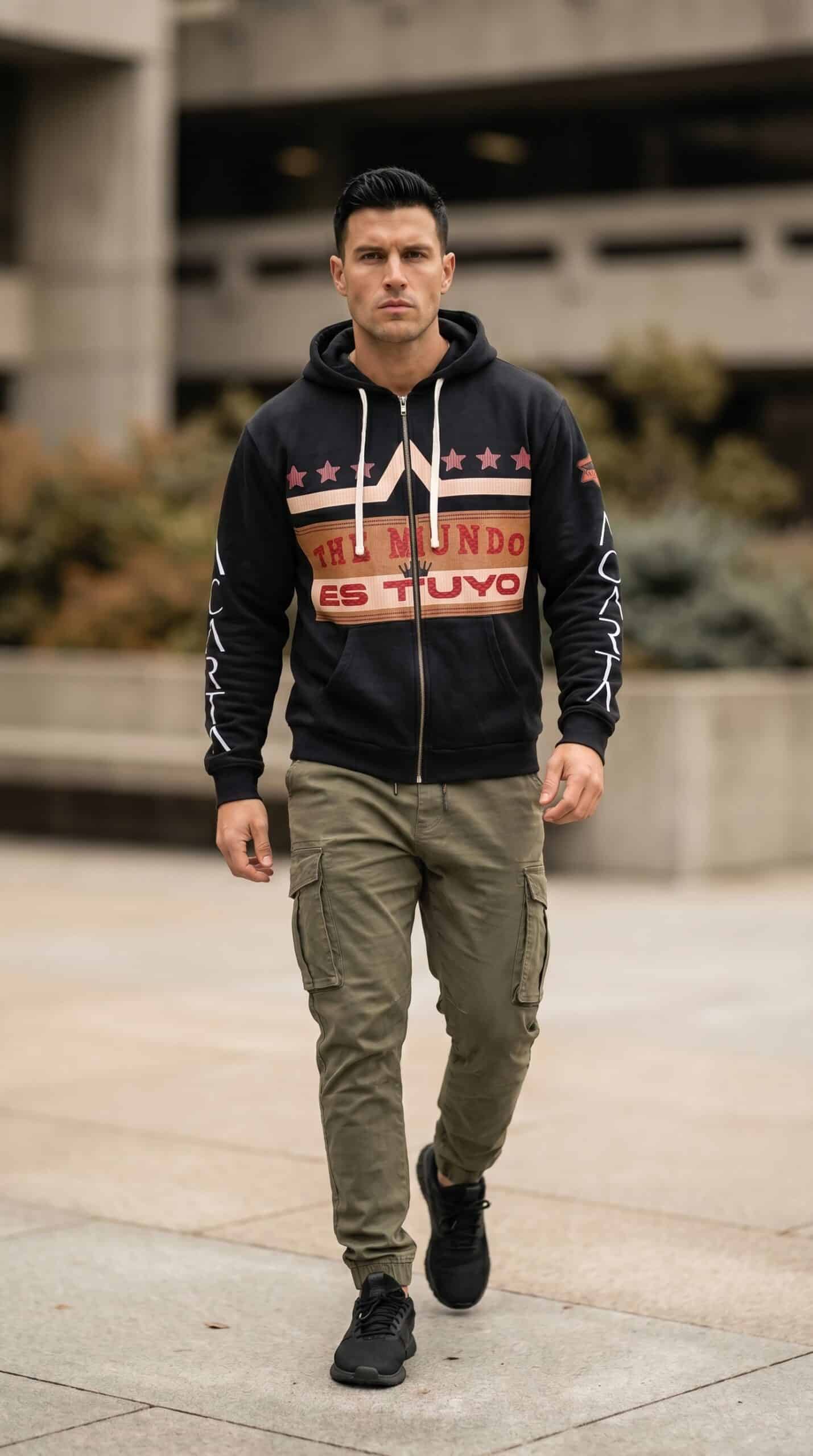 Bold man wearing a black hoodie with red and white graphic design, khaki cargo pants, and black snea.