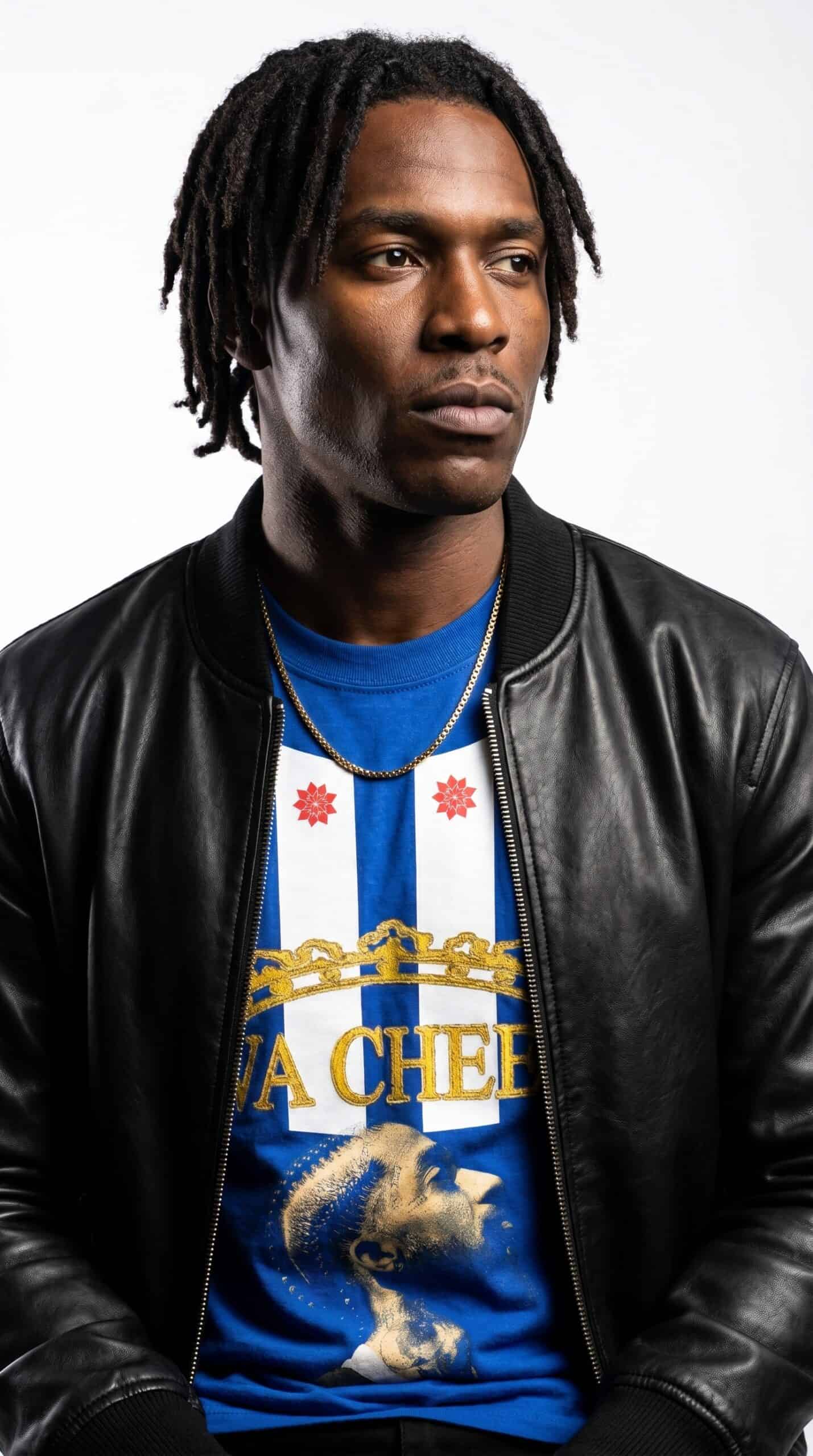 A man with dreadlocks wearing a black leather jacket and a blue graphic t-shirt, looking thoughtfull.