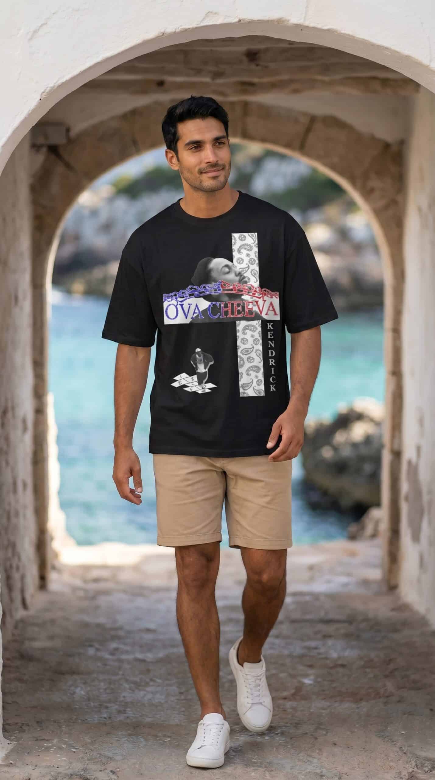 Young man in casual urban outfit walking through stone archway near water.