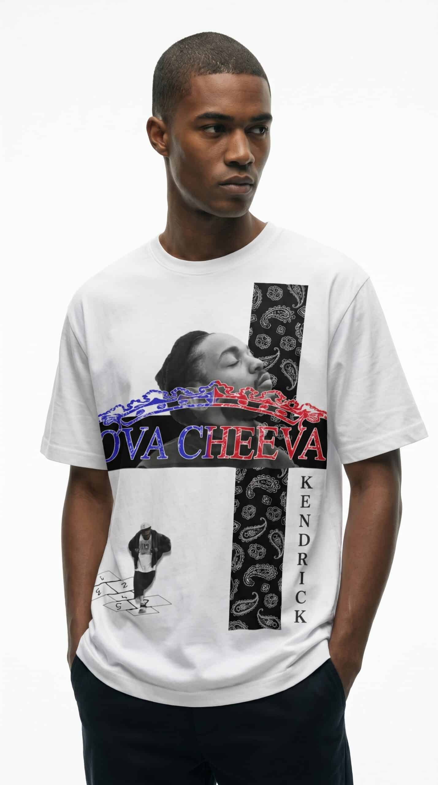 Bold young man wearing a graphic T-shirt with urban art design, representing culture and style.