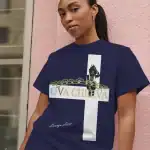 Woman wearing navy T-shirt with "OVA CHEEVA" and Lauryn Hill graphic design.