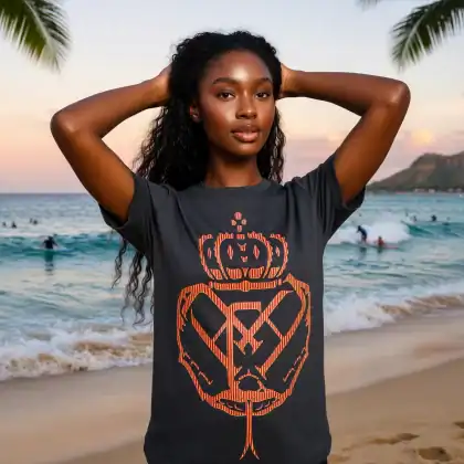 Woman on beach wearing black tee with orange snake design, sunset background.
