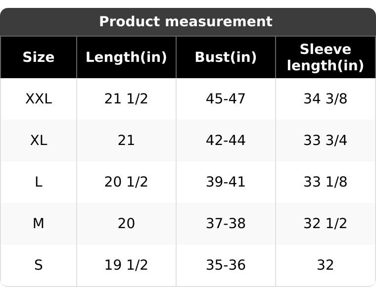 Table showing product measurements for different sizes (S to XXL) with columns for length, bust, and sleeve length in inches. Measurements increase with size, starting at S: 19.5/35–36/32 and ending at XXL: 21.5/45–47/34.375.