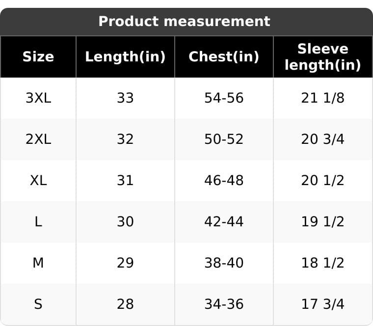A size chart for shirts showing sizes S to 3XL with corresponding measurements in inches for length, chest, and sleeve length. Chest sizes range from 34-56 inches, lengths from 28-33 inches, sleeves from 17 3/4-21 1/8 inches.
