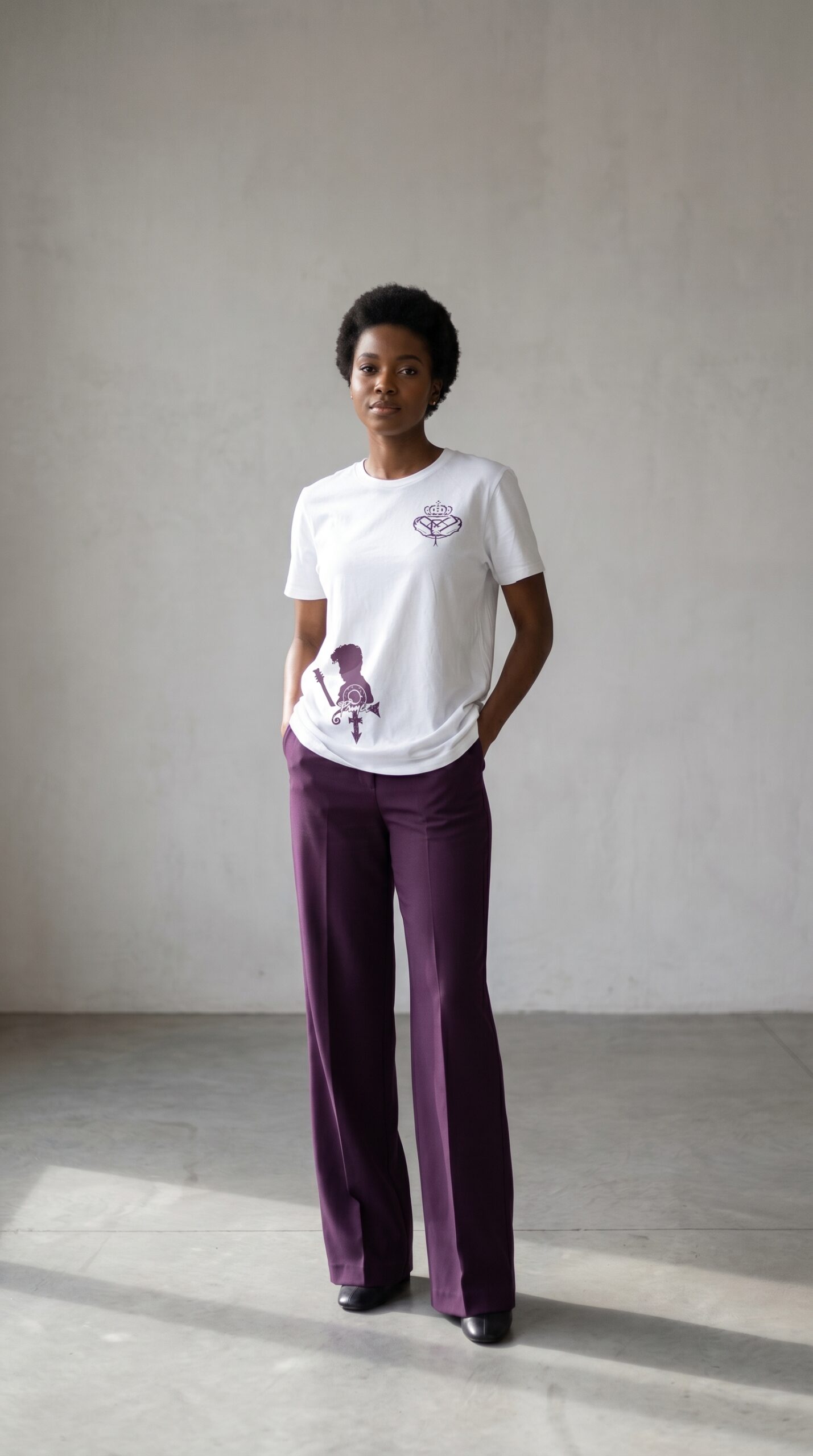 A woman standing confidently in urban casual attire featuring a white T-shirt and purple pants.
