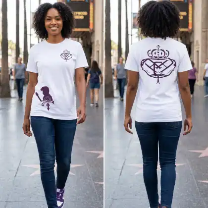 A woman walks on the Hollywood Walk of Fame, wearing a white T-shirt with a purple design on the front and a large crown and heart shield graphic on the back, paired with jeans and purple sneakers.