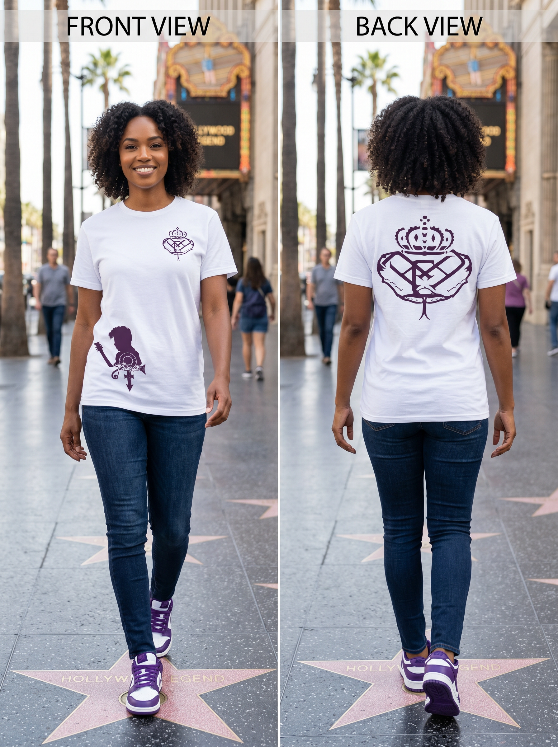 A woman walks on the Hollywood Walk of Fame, wearing a white T-shirt with a purple design on the front and a large crown and heart shield graphic on the back, paired with jeans and purple sneakers.