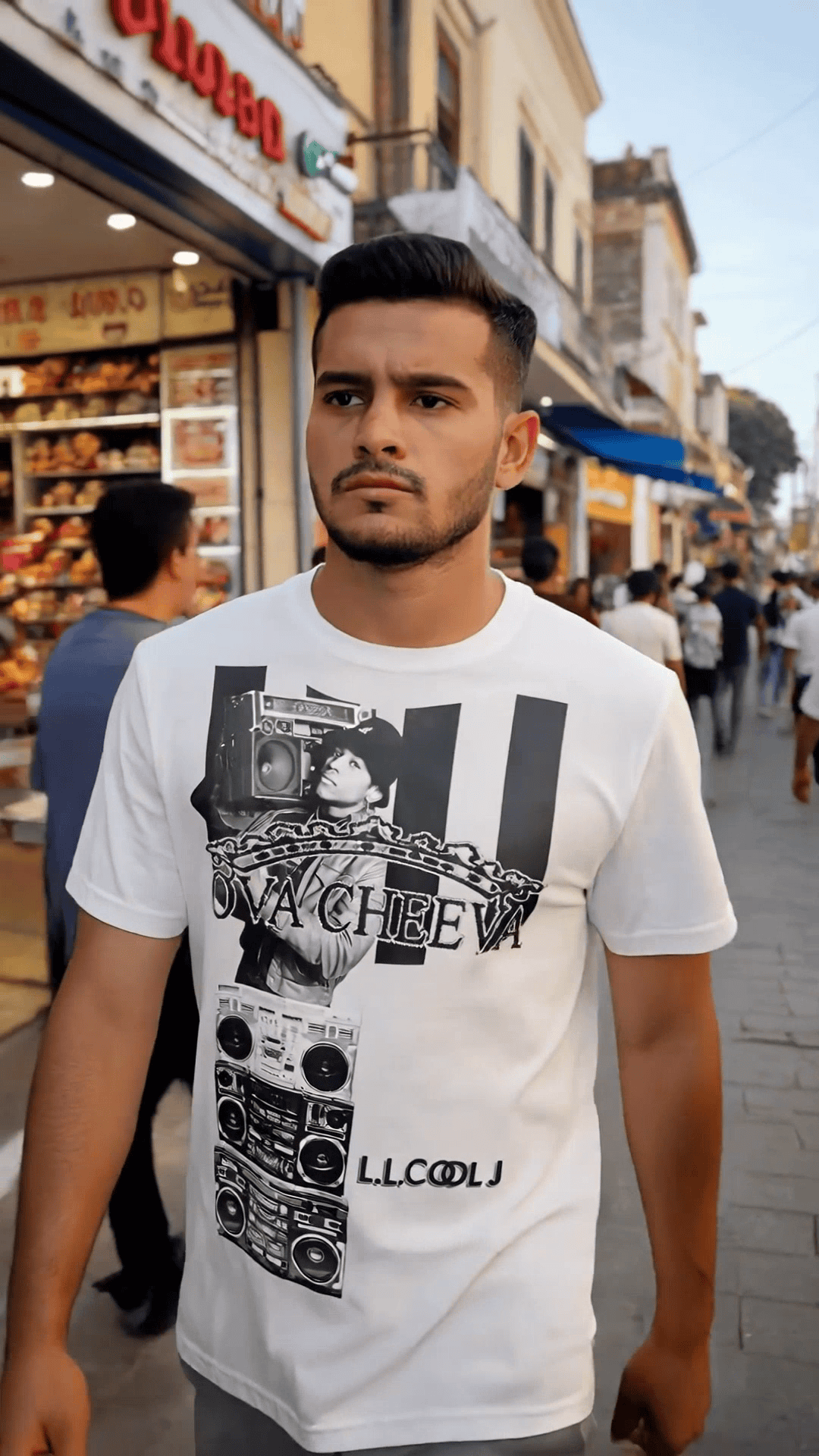 A young man with short dark hair and a trimmed beard walks confidently down a busy street, wearing the OVA CHEEVA Men's LL Cool J Graphic T-Shirt—a vintage rap tee with bold music-themed designs.