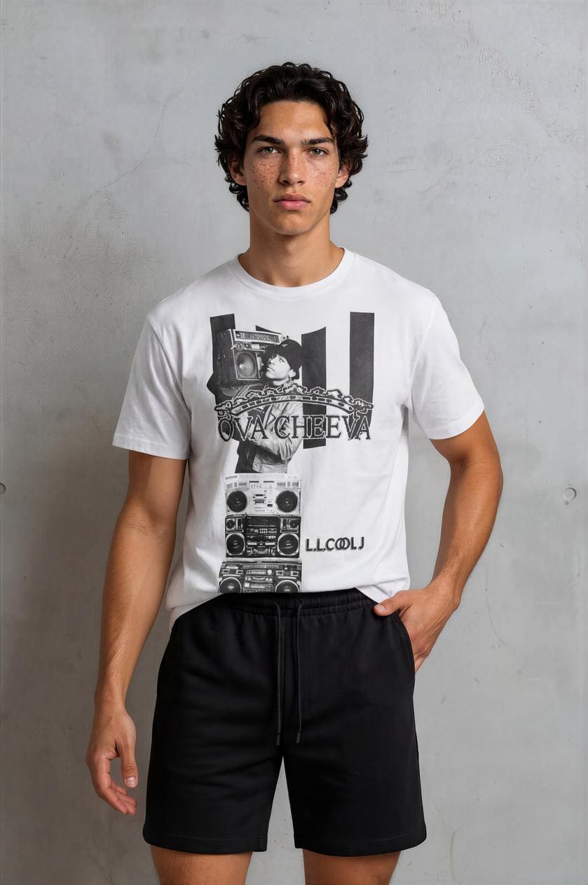 A young man with curly dark hair wears the OVA CHEEVA Men's LL Cool J Graphic T-Shirt – Vintage Rap Tee and black shorts, standing against a light gray textured wall with one hand in his pocket, looking at the camera.