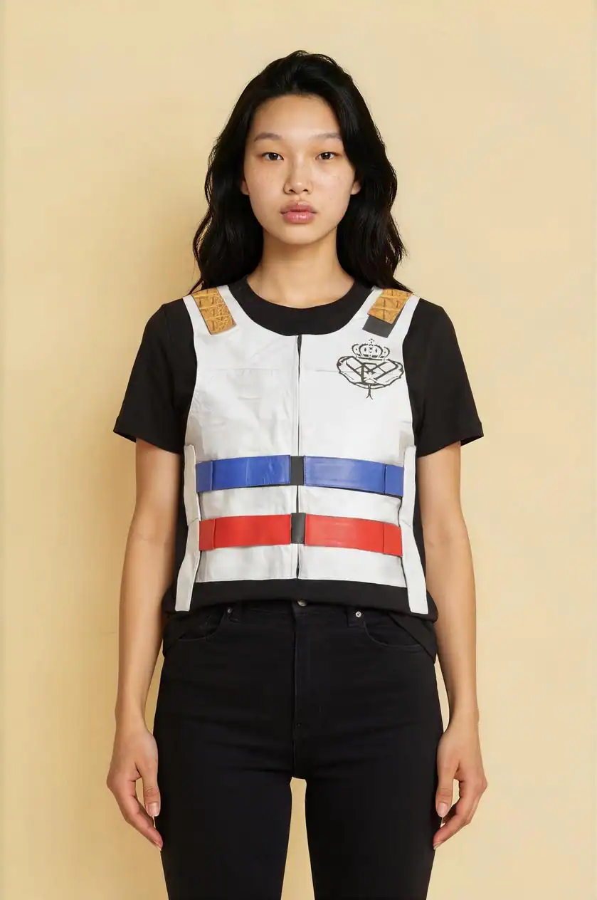 A woman wearing a black t-shirt and a white vest with colorful straps and a crown logo.