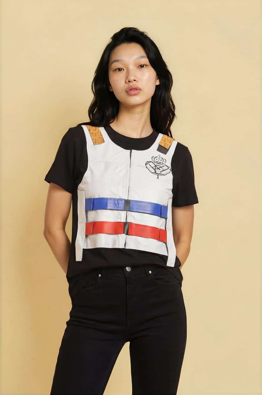 A woman wearing a stylish urban vest with red, white, and blue stripes over a black t-shirt.