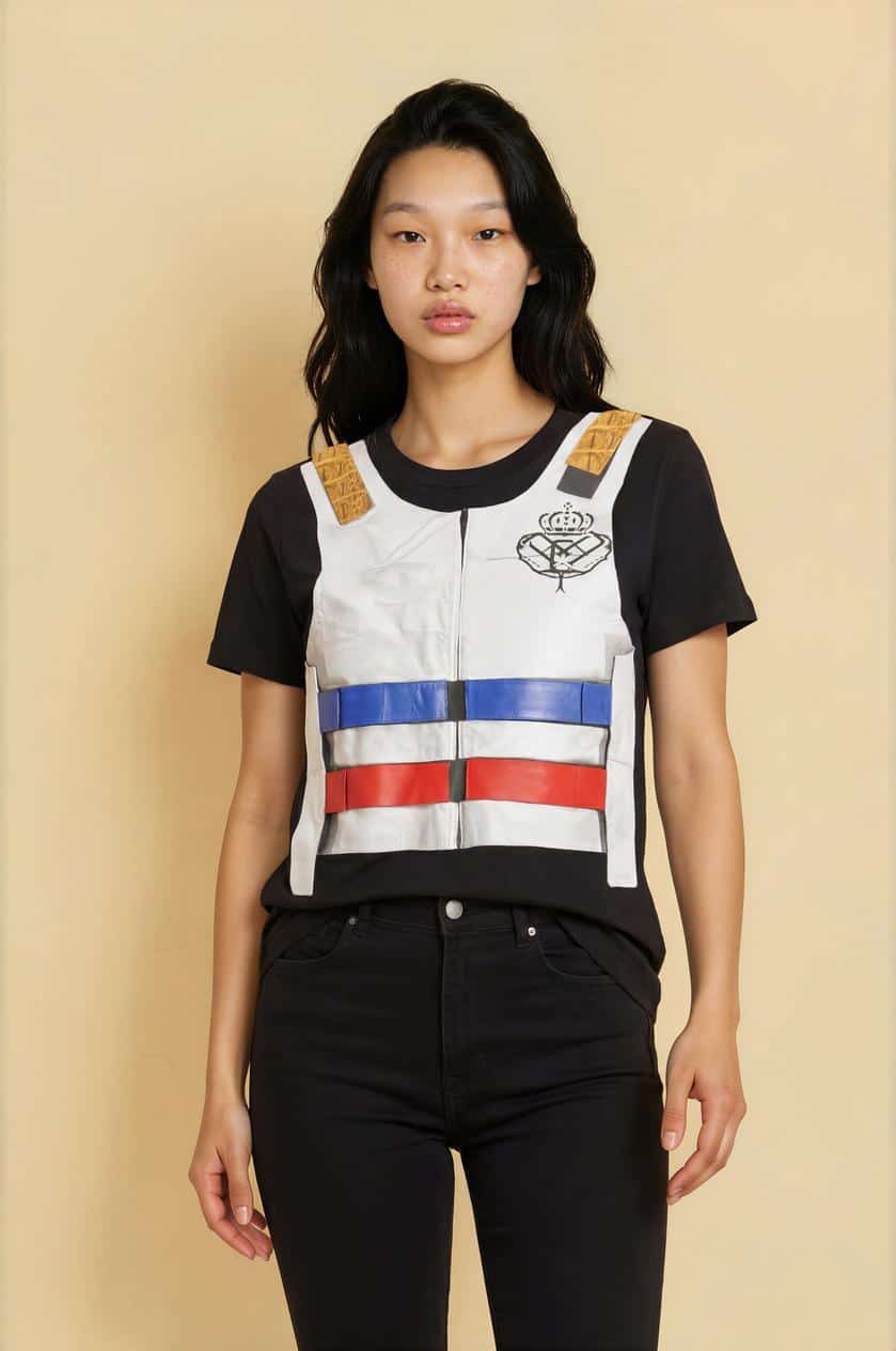 Young woman wearing a police vest-inspired graphic t-shirt and black pants against a beige backgroun.