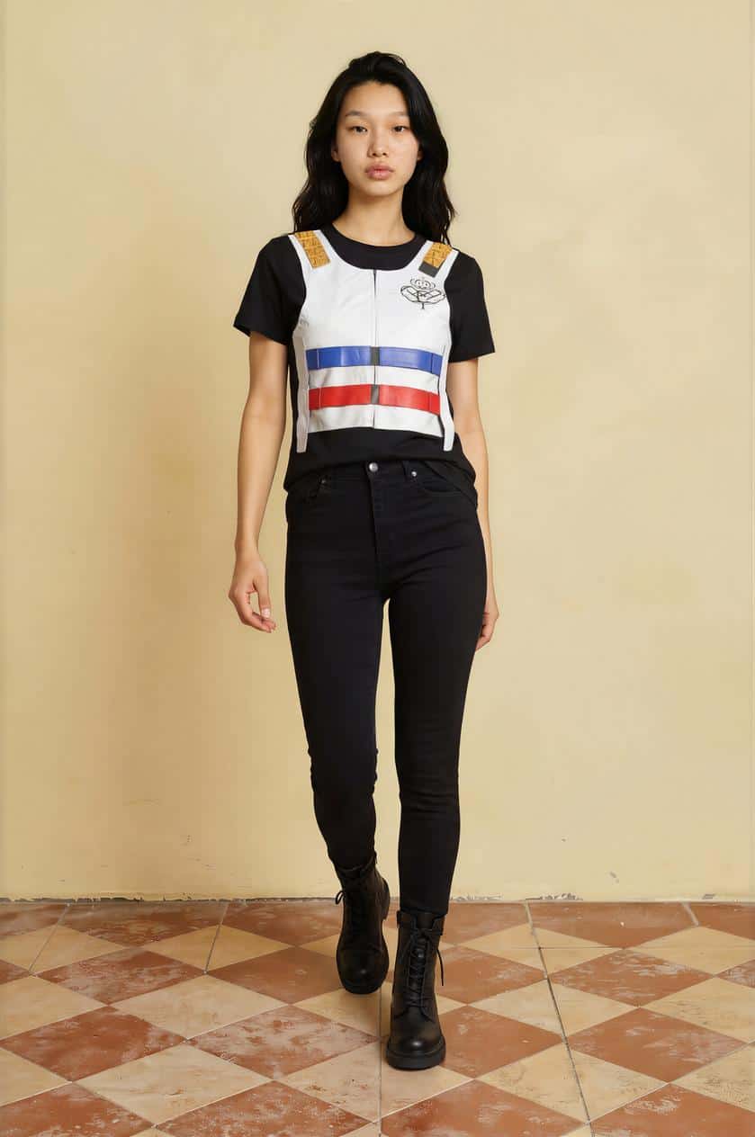 Young woman wearing a stylish urban graphic t-shirt and black jeans, standing confidently indoors.