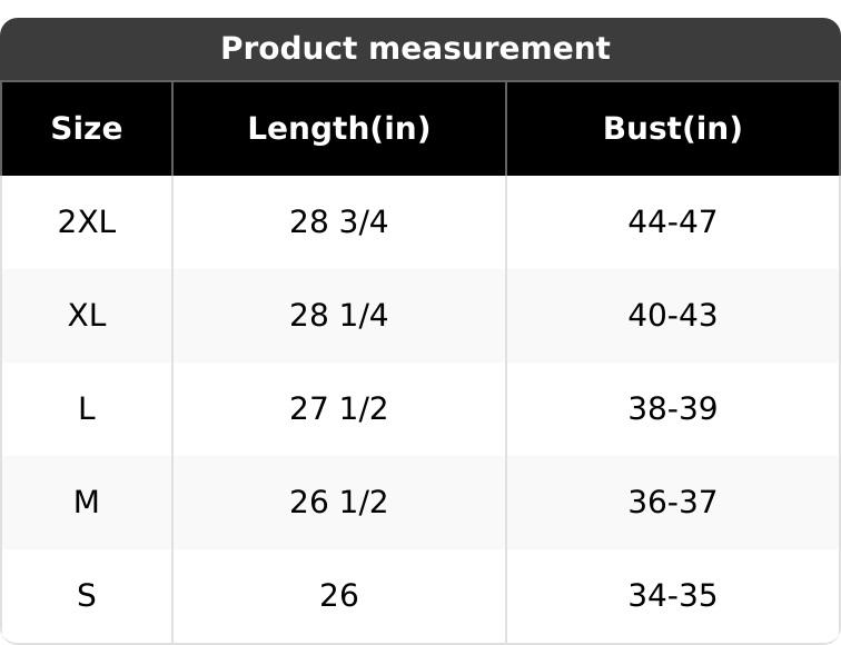 A size chart for a product shows sizes 2XL to S, with corresponding length in inches (26 to 28 3/4) and bust measurements in inches (34-35 to 44-47). The chart has three columns: Size, Length, and Bust.