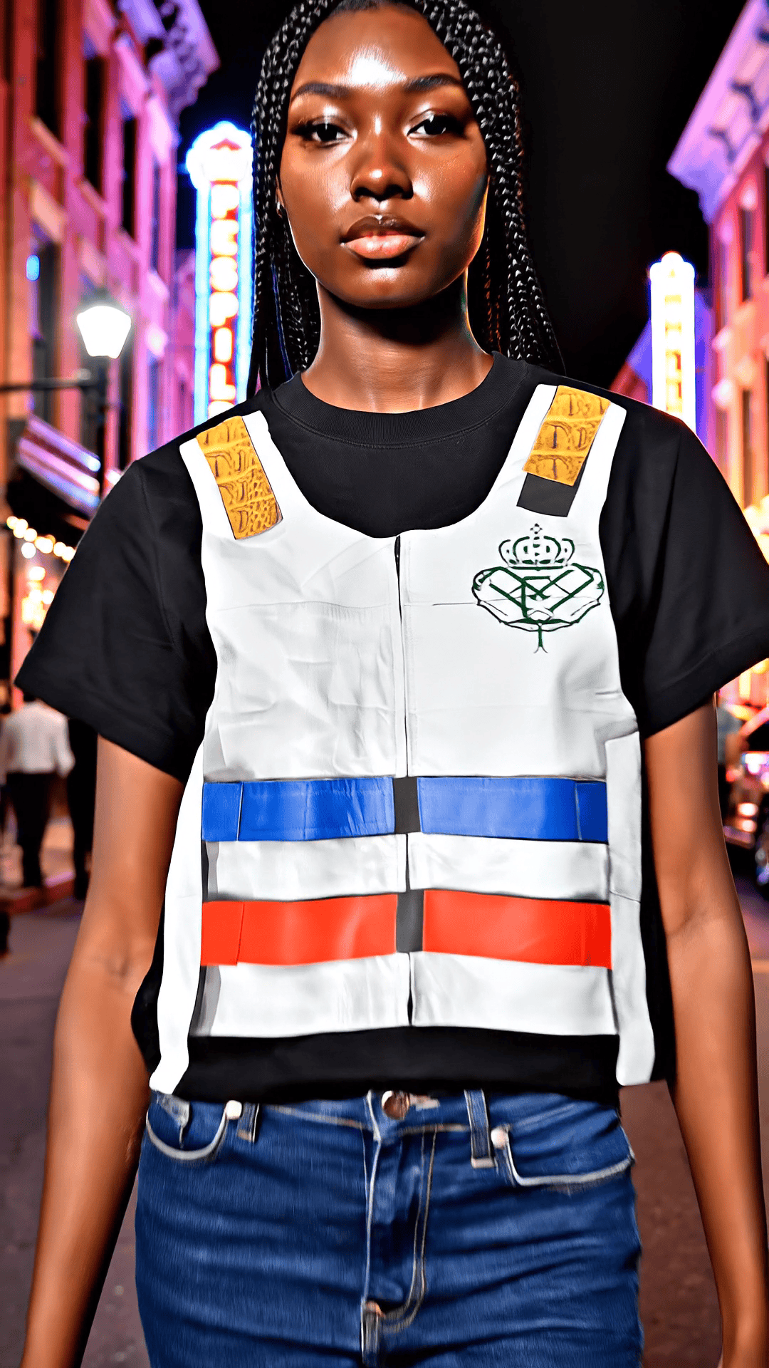 A woman wearing a black t-shirt and a white vest with blue, red, and orange stripes stands on a brightly lit city street at night. Neon lights from nearby buildings illuminate the scene.