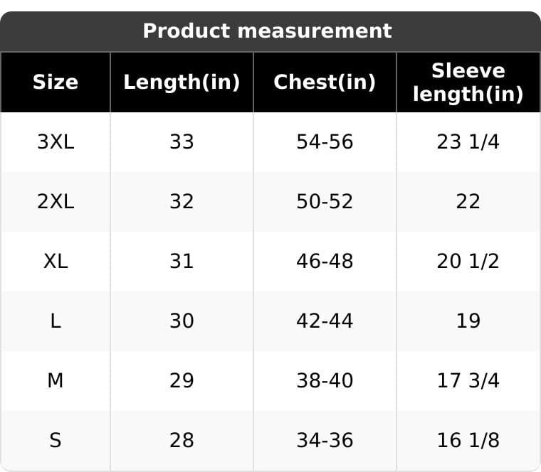 A size chart titled Product measurement displays size, length, chest, and sleeve length in inches for sizes 3XL to S. 3XL is the largest (33 length, 54-56 chest), and S is the smallest (28 length, 34-36 chest).